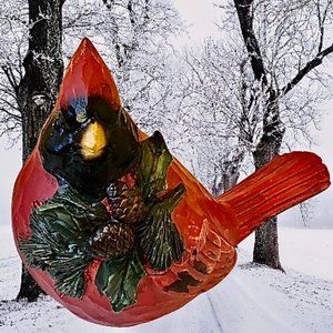 Red Cardinal Bird Figurine Wood Carved Look Resin Holly Pinecones Christmas